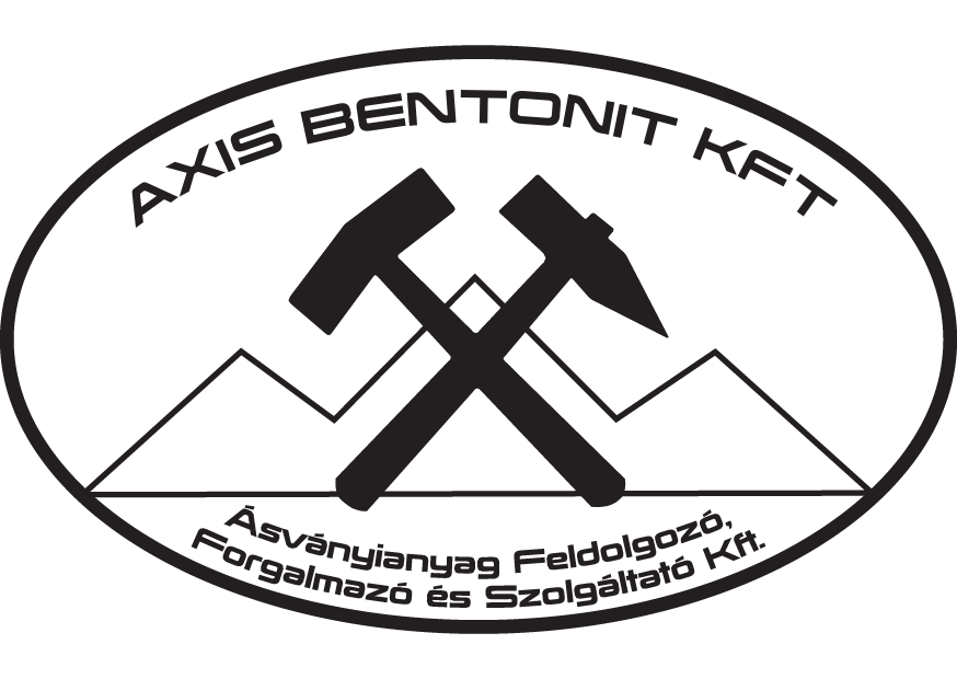 Az Axis Bentonit Kft. logója, ovális keretben két keresztbe rakott kalapáccsal az előtérben, három hegyet formáló vonallal a háttérben.